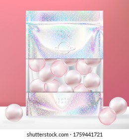 Vector Trendy Glitter Holographic Zip Lock Sachet, Pouch  Or Packet Packaging With Clear Window. Pink Bath Pearl.