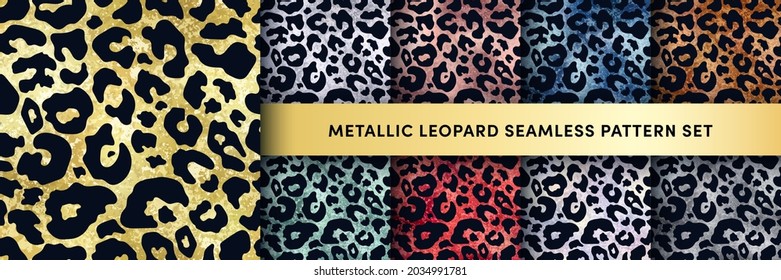 Vector trendy gold metallic leopard spot seamless pattern set. Wild animal cheetah skin on shiny golden, silver, rose gold, blue, red, green metal foil textured backgrounds, shimmer leo print.