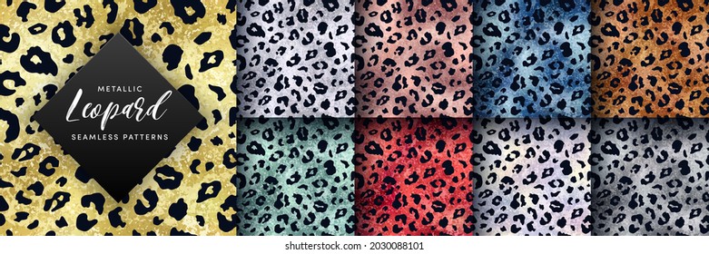 Vector trendy golden metallic leopard skin seamless pattern set. Abstract wild animal cheetah black spots on shiny gold, silver, rose gold, blue, red, green metal foil texture backgrounds collection.