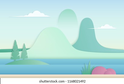 Vector trendy gradient color nature illustration. Mountains with river paper cut landscape.