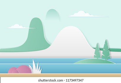 Vector trendy gradient color nature illustration. Mountains with river, pine trees and bushes paper cut landscape.
