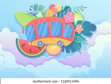 Vector trendy gradient cuted paper style summer vacation concept with bus in clouds, surfing board, fruits, cocktail, ice cream, palm tropical leaves and flowers.