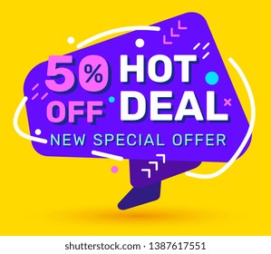 Vector trendy graphic blue 50% sale badge on yellow color background with shadow. Flat style speech bubble design for web, site, banner, advertising, sticker, price tag