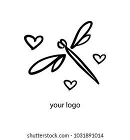 Vector trendy gray icon and logo of handdrawn dragonfly with hearts for studio, cosmetics, fashion, kids. Template for business brand.