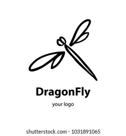 Vector trendy gray icon and logo of handdrawn dragonfly for studio, cosmetics, fashion, kids. Template for business brand.