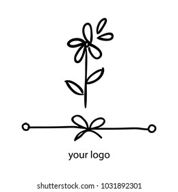 Vector trendy gray icon and logo of camomile flower with bow for studio, cosmetics, fashion. Template for business brand.