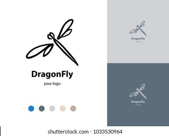 Vector trendy gray icon and logo of handdrawn dragonfly for cosmetics, fashion, kids. Template for business brand. Editable color combination. Ready color scheme
