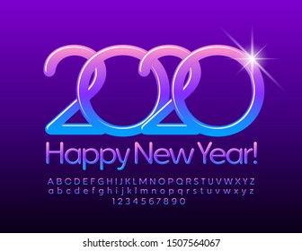 Vector trendy Greeting Card Happy New Year 2020. Chic set of Alphabet Letters and Numbers. Bright Glossy Font