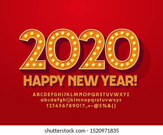 Vector trendy Greeting Card Happy New Year 2020. Electric lamp Font in Vintage Style. Bright stylish Alphabet