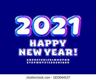 Tarjeta de saludo de moda vectorial ¡Feliz Año Nuevo 2021! Fuente luminosa creativa. Conjunto de letras y números de alfabeto artístico