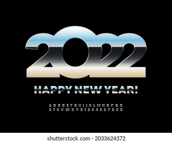 Vetor trendy Cartão Feliz Ano Novo 2022! Fonte prateada brilhante. Conjunto de letras e números em negrito e metálico