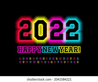 Vector trendy Greeting Card Happy New Year 2022! Bright electric Font. Illuminated Alphabet Letters and Numbers set