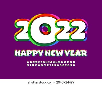 Vector trendy Greeting Card Happy New Year 2022! Artistic bright Font. Set of modern Alphabet Letters and Numbers