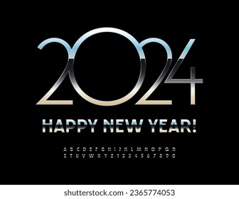 Vector trendy Greeting Card Happy New Year 2024! Metallic Alphabet Letters, Numbers and Symbols set