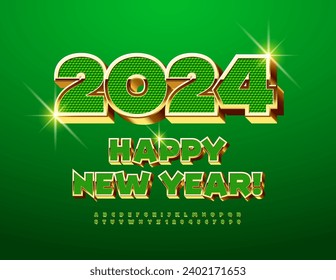 Vector trendy Greeting Card Happy New Year 2024! Exquisite Green and Gold Font. Unique 3D Alphabet Letters and Numbers set.