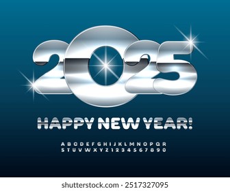 Vector trendy Greeting Card Happy New Year 2025! Shiny Silver Font. Exclusive Metallic Alphabet letters and Numbers set.