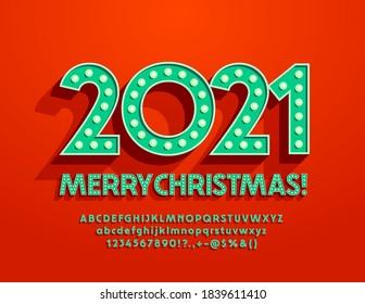 Tarjeta de felicitación de moda vectorial ¡Feliz Navidad 2021! Fuente De Moda Antigua. Letras y números de alfabeto de la lámpara retro