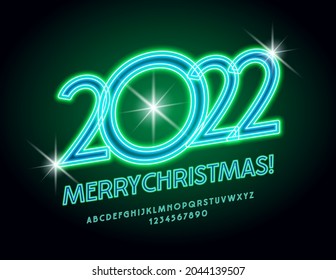 Vector trendy Greeting Card Merry Christmas 2022! Green Neon set of Alphabet Letters and Numbers. Glowing rotated Font