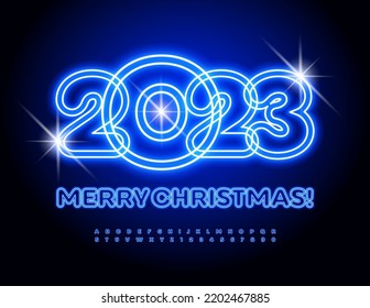 Vector trendy greeting card Merry Christmas 2023! Techno Neon Font. Blue light Alphabet Letters and Numbers set