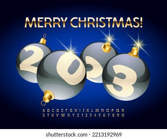 Vector trendy Greeting Card Merry Christmas 2023 with Silver Christmas balls! Modern Elegant Font. Golden Alphabet Letters and Numbers