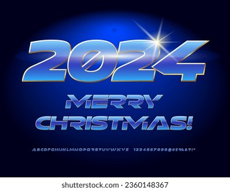 Vector trendige Grußkarte Frohe Weihnachten 2024! Einzigartige blaue Schriftart. Alphabet Letters and Numbers im futuristischen Stil