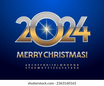 Vector de moda Tarjeta de felicitación Feliz Navidad 2024! Moderna Y Elegante Fuente. Letras y números elegantes de los alfabetos plateado y dorado. 