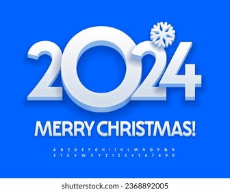 Vector de moda Tarjeta de felicitación Feliz Navidad 2024! Fuente creativa 3D. Conjunto de letras y números de alfabeto blanco moderno