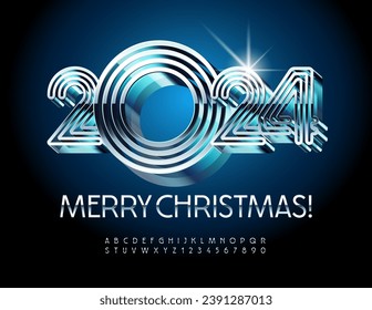 Vector trendy Greeting Card Merry `Christmas 2024! Elegant silver Font. Modern metallic Alphabet Letters and `Numbers set