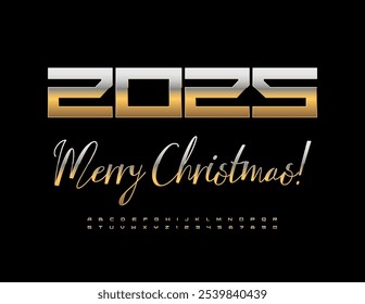 Vector trendy Greeting Card Merry Christmas 2025! Tech Gold Font. Modern Metallic Alphabet Letters and Numbers set.