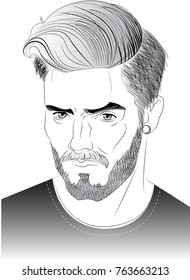 Vector trendy  guy with a beard, fashion sketch. Ideal for coloring