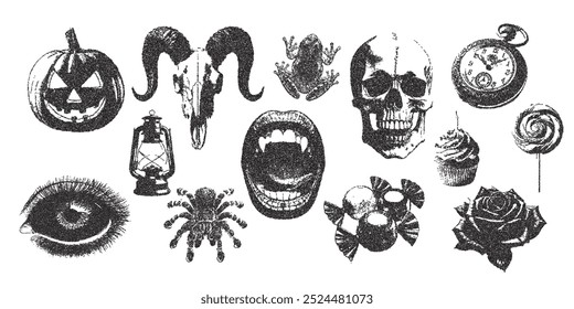 Vector de moda halftone monocromo retro Elementos de Halloween. Moderna textura de puntos punteados para el arte de diseño. y2k collage conjunto para póster, Anuncio, cubierta.	
