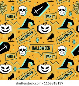 Vector trendy halloween seamless pattern with memphis geometric style of pumpkin, skull, spider web, and horror crow. Fashion artistic ready for print.