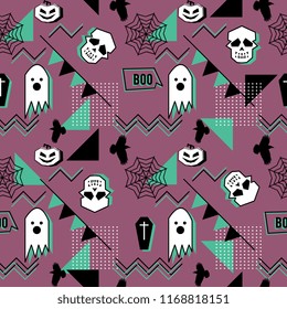 Vector trendy halloween seamless pattern with memphis geometric style of ghost, skull, spider web, and horror crow.