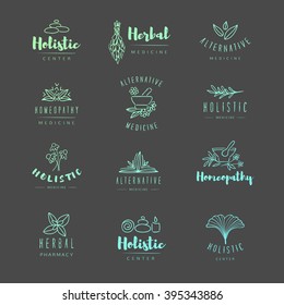 Vector trendy hand drawn alternative medicine, homeopathy logos, badges, emblems.