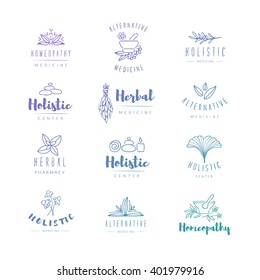 Vector trendy hand drawn alternative medicine, homeopathy logos, badges, emblems.