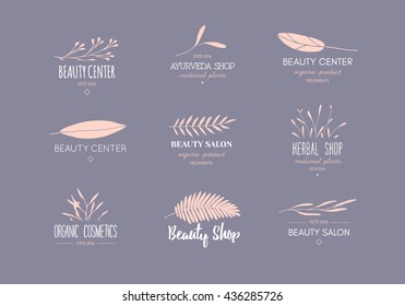 Vector trendy hand drawn beauty, organic cosmetics, alternative medicine, homeopathy logos, badges, emblems, logotypes. Big collection of elegant plant, floral logos.