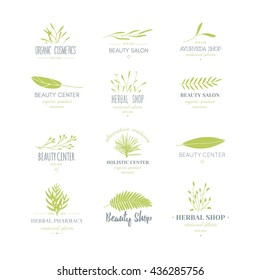 Vector trendy hand drawn beauty, organic cosmetics, alternative medicine, homeopathy logos, badges, emblems, logotypes. Big collection of elegant plant, floral logos.