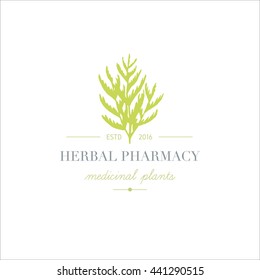 Vector trendy hand drawn beauty, organic cosmetics, alternative medicine, homeopathy logo, badge, emblem, logotype. Elegant plant, floral logo.