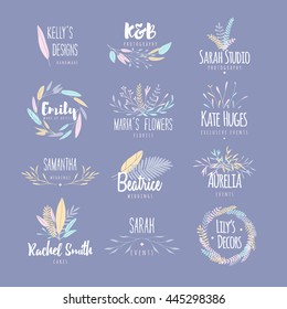 Vector trendy hand drawn beauty, organic cosmetics, florist, photography, wedding logos, badges, emblems, logotypes. Big collection of elegant plant, floral logos.