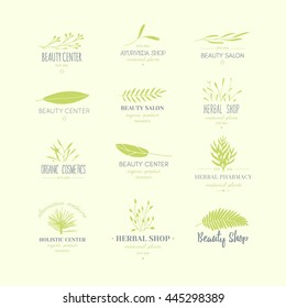 Vector trendy hand drawn beauty, organic cosmetics, alternative medicine, homeopathy logos, badges, emblems, logotypes. Big collection of elegant plant, floral logos.