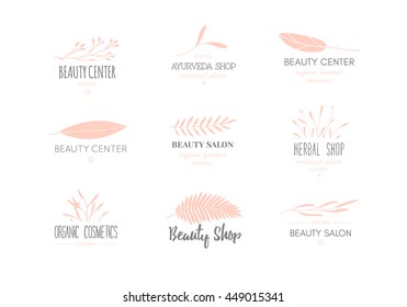 Vector trendy hand drawn beauty, organic cosmetics, alternative medicine, homeopathy logos, badges, emblems, logotypes. Big collection of elegant plant, floral logos.