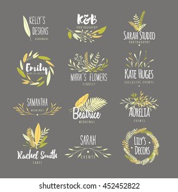 Vector trendy hand drawn beauty, organic cosmetics, florist, photography, wedding logos, badges, emblems, logotypes. Big collection of elegant plant, floral logos.