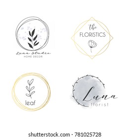 Vector trendy hand drawn beauty, organic cosmetics, florist, photography, wedding logos, badges, emblems, logotypes. Big collection of elegant plant, floral logos.