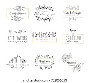 Vector trendy hand drawn beauty, florist, photography, wedding logos, badges, emblems, logotypes. Big collection of elegant plant, floral logos.