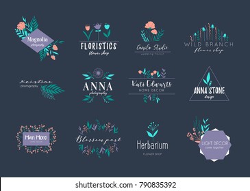 Vector trendy hand drawn beauty, organic cosmetics, florist, photography, wedding logos, badges, emblems, logotypes. Big collection of elegant plant, floral logos.