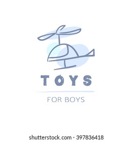 Vector trendy hand drawn cute baby boy, infant logo. Doodle helicopter.