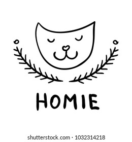 Vector trendy hand drawn icon and logo of word 'homie', cats face and flower wreath with branch. Template for business brand.