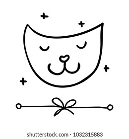 Vector trendy hand drawn icon and logo of cat face, border line with a bow. Template for business brand.