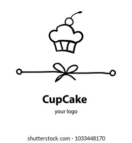 Vector trendy hand drawn icon and logo of cupcake with cherry berry top and border line with bow. Template for business brand.