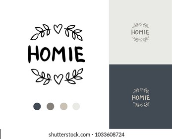 Vector trendy hand drawn icon and logo of word 'homie', bow and heart with flowers. Template for business brand such as home backery, home made products. Editable color combination. Ready color scheme